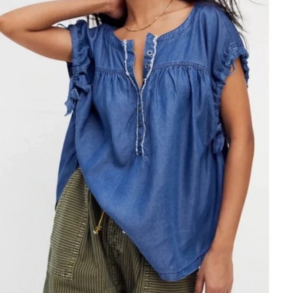 Casual Denim Peasant Top - Blue